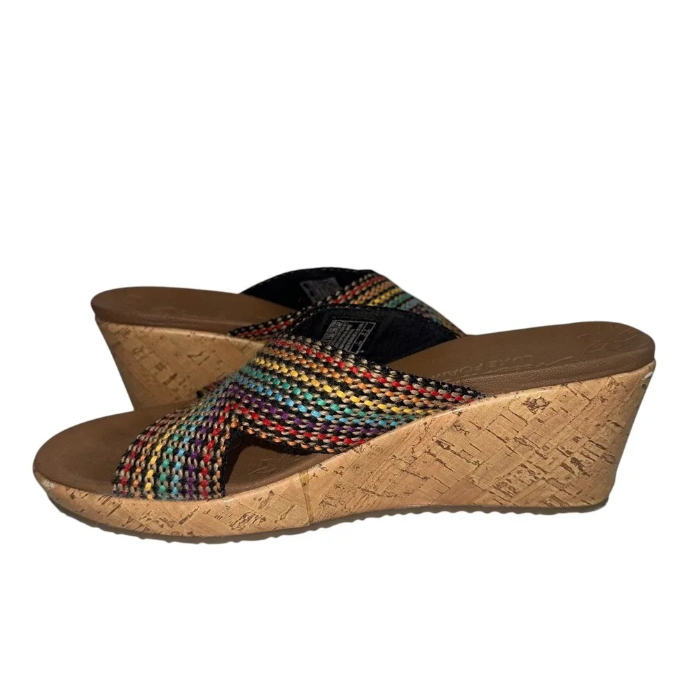 Skechers Luxe Foam Wedge Sandals Women‎ 8 Multi Color Excellent Woven Cork Slide